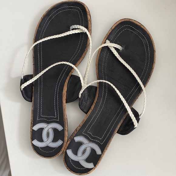 Chanel *Authentic* Woven Strap Flip Flop Toe Loop Cork Sandals Size Euro 38.5 - Picture 1 of 8